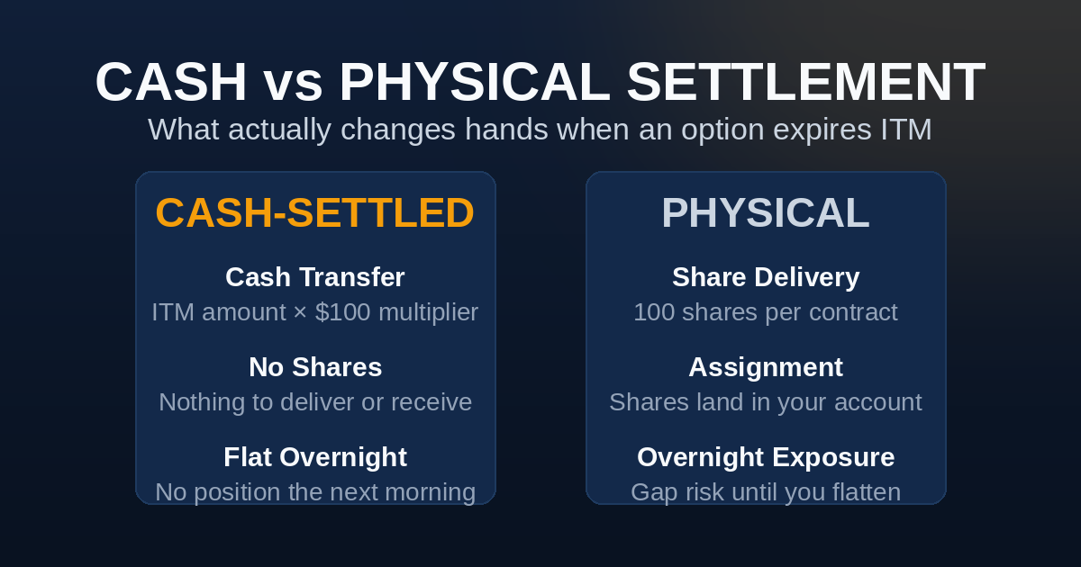 Comparison card of cash-settled versus physically settled options: cash settlement transfers the ITM amount with no shares, physical settlement delivers 100 shares per contract with overnight exposure