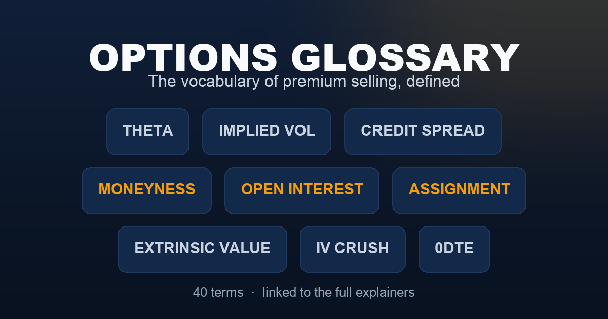 Options glossary card showing term chips including theta, implied volatility, credit spread, moneyness, open interest, assignment, extrinsic value, IV crush and 0DTE