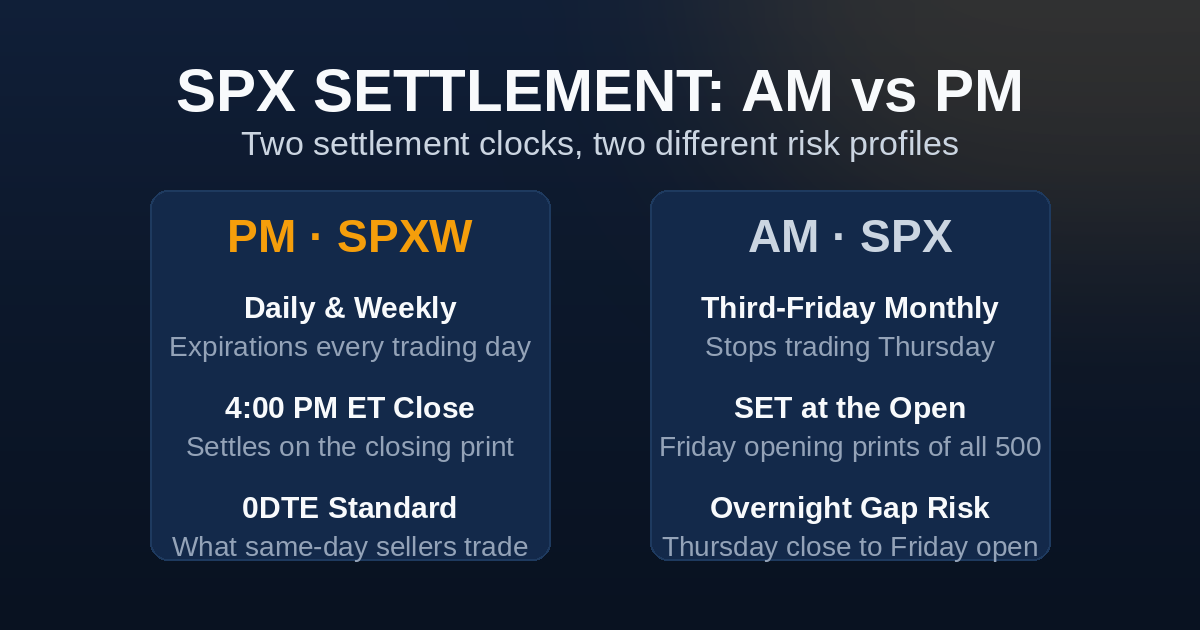 Comparison card of SPX settlement types: PM-settled SPXW dailies and weeklies settle at the 4:00 PM close, AM-settled third-Friday monthlies settle on the Friday opening SET value