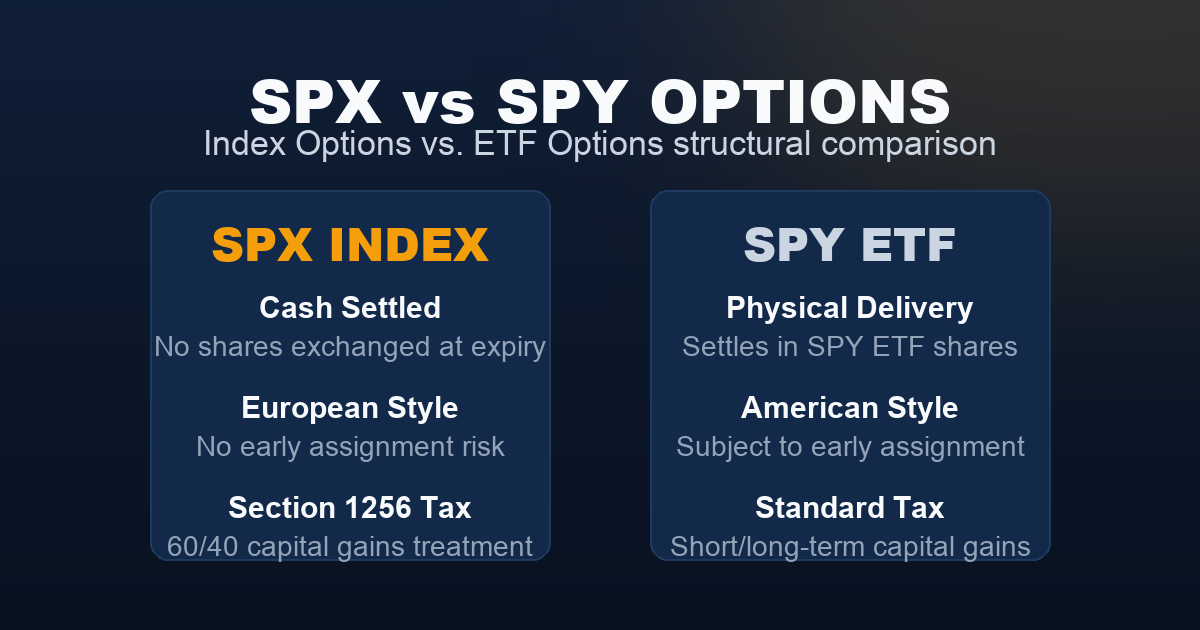 SPX vs SPY Options comparison card showing structural differences between index and ETF options